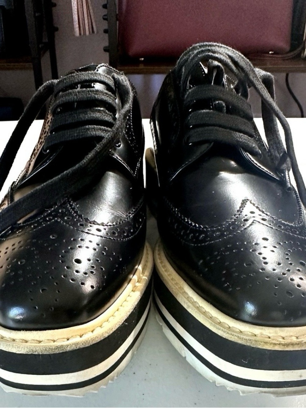 Authentic Prada Black Leather Brogue Oxford Shoes Size 7 - Picture 2 of 4